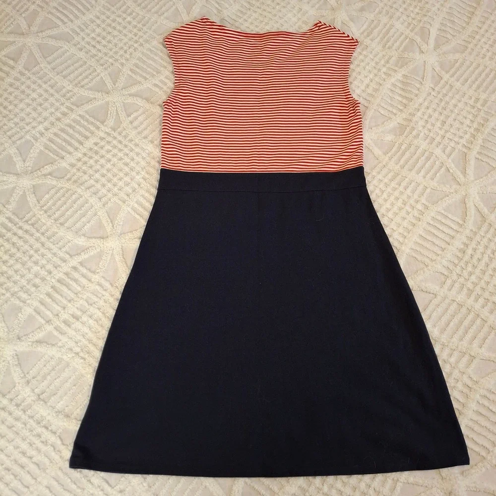 LL‎ Bean Medium Striped Cap Sleeve Dress Navy Red Cotton Blend Stretch